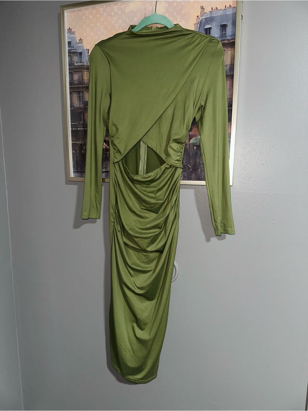 SHEIN Olive Green Long Sleeve Ruched Cutout Midi Dress